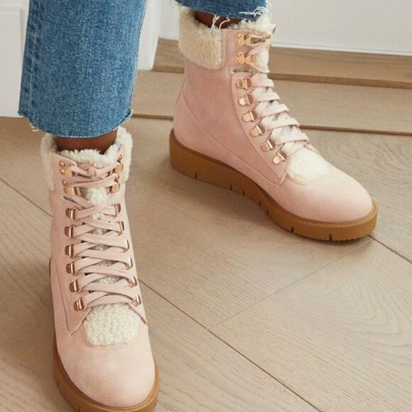 New! JustFab Faux Suede Sherpa Cuff Hiker Lace Up Wedge Winter Boots Booties - Picture 2 of 16